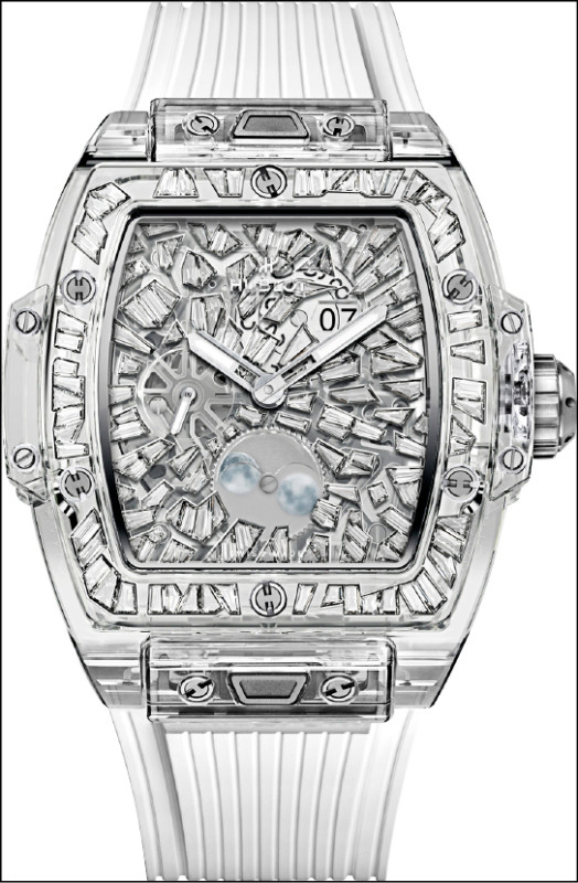 Hublot Spirit of Big Bang Impact藍寶石月相鑽錶，搭載HUB1770自動上鍊鏤空月相機芯，拋光藍寶石水晶錶殼，錶徑42mm，防水深度50米，全球限量20只，各16,044,000元。