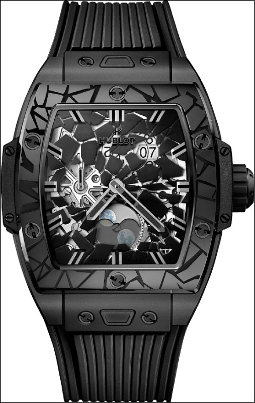 Hublot Spirit of Big Bang Impact極致黑陶瓷月相腕錶，搭載HUB1770自動上鍊鏤空月相機芯，微噴砂與拋光黑陶瓷錶殼，錶徑42mm，防水深度50米，全球限量100只，各999,000元。