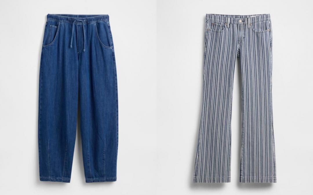 GAP（左起）男裝寬鬆牛仔褲（NT$2,199）、女裝條紋喇叭牛仔褲（NT$2,199）。