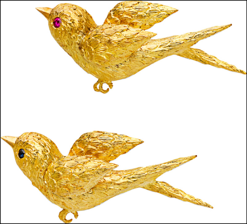 Oisillon Brooch幼鳥與飛鳥胸針，利用不同紅寶石、藍寶石點綴鳥眼，栩栩如生。現場展出，非賣品。（©CHAUMET- Pauline Guyon）