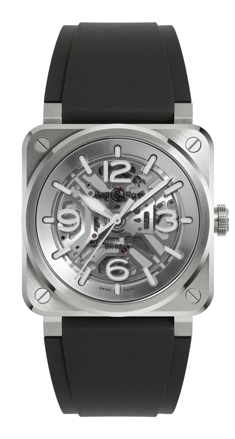 Bell & Ross BR-03 Skeleton Steel鏤空腕錶，搭載BR-CAL.328自動上鍊機芯，精鋼錶殼，時間顯示，錶徑41毫米，防水深度100米，185,000元。（Bell & Ross提供）