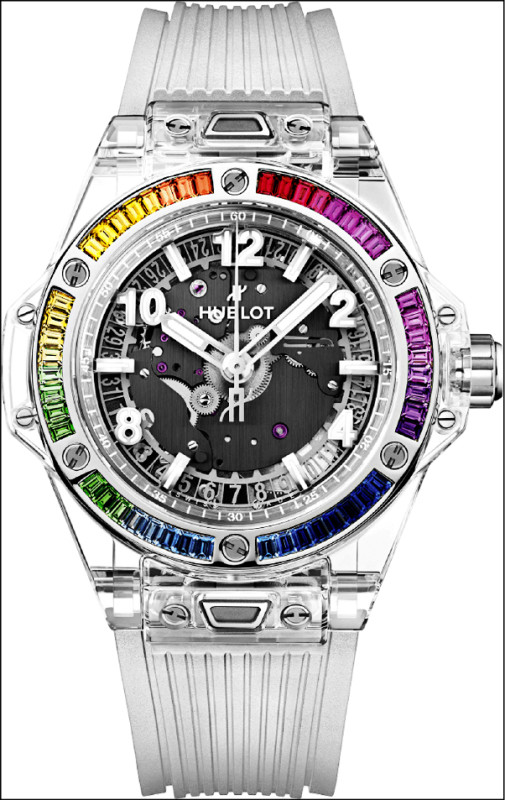 Big Bang One Click彩虹圈藍寶石腕錶，彩色寶石錶圈，2,674,000元。