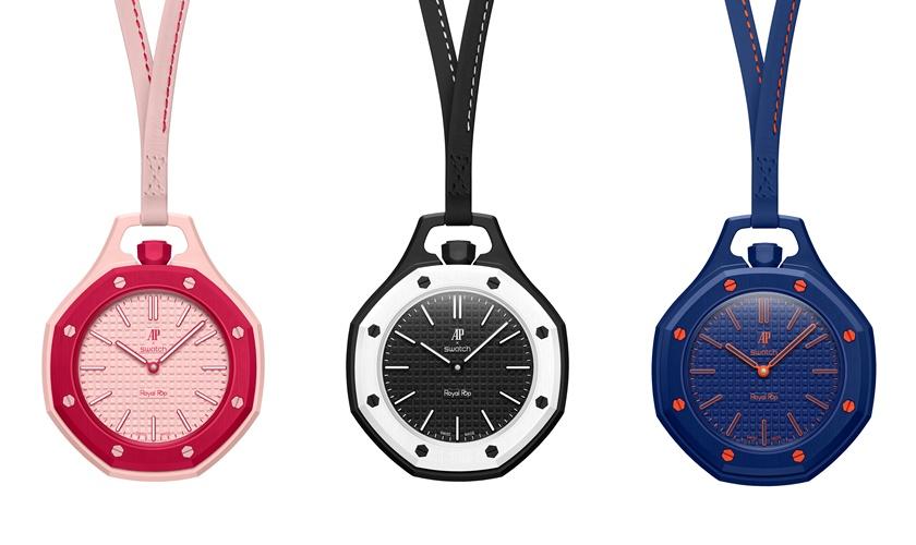 Royal Pop系列結合Royal Oak與Swatch Pop兩大經典，Lépine風格懷錶，各12,150元。