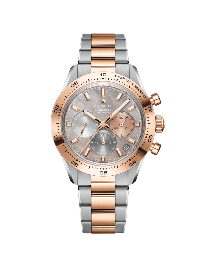 ZENITH Chronomaster Sport時計大師雙色運動腕錶，搭載El Primero 3600高振頻自動上鍊計時機芯，精鋼與18K玫瑰金錶殼，錶徑41mm，防水深度100米，限量50只，651,500元。（ZENITH提供）