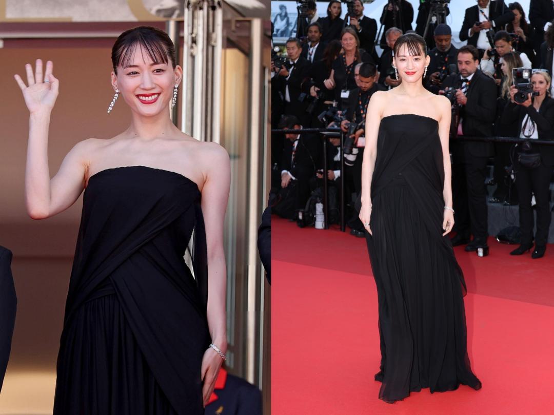 綾瀨遙踏上坎城紅毯時，選穿BALENCIAGA夏季系列黑色特製雪紡禮服登場。
