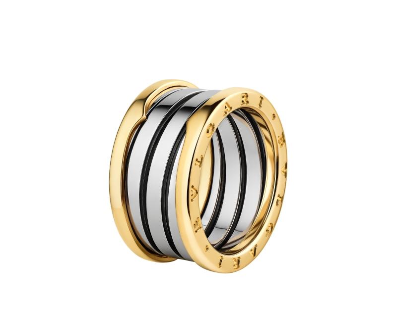 BVLGARI B.zero1系列黃金與精鋼四環戒指，以黃金與精鋼材質交錯呈現鮮明對比，價格店洽。（BVLGARI提供）