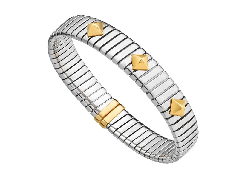 BVLGARI Tubogas系列黃金與精鋼鉚釘手環，以精鋼打造柔韌線條，點綴黃金鉚釘細節，展現工業結構轉化而來的摩登珠寶美學，價格店洽。（BVLGARI提供）