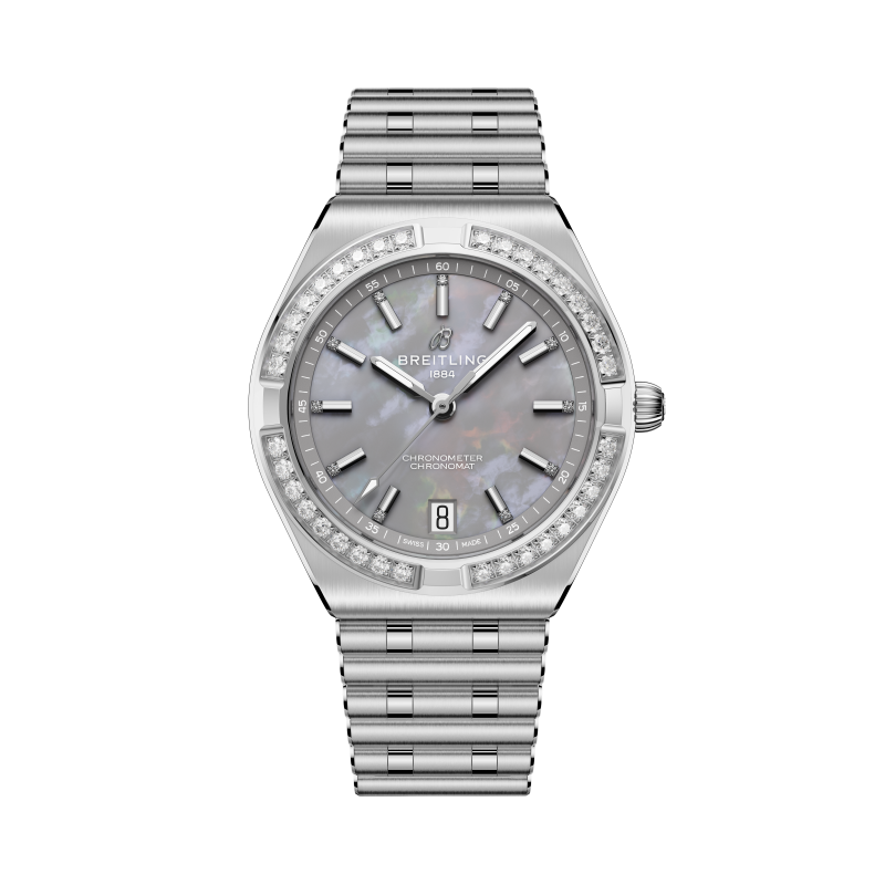 Chronomat Automatic 36毫米自動腕錶，灰色珍珠母貝錶盤，搭載百年靈10型自動上鍊機芯，精鋼錶殼與Rouleaux錶鍊，錶圈及時標鑲嵌實驗室培育鑽石，291,000元。（Breitling提供）