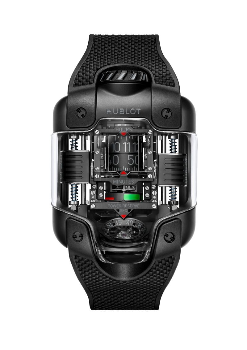 Hublot MP-10雙垂直上鍊陀飛輪All Black玄影黑陶瓷腕錶，搭載HUB9013自動上鍊鏤空機芯，黑色陶瓷錶殼，錶徑51.5 x 41.5毫米，防水30米，約10,696,000元，全球限量50只。（Hublot提供）