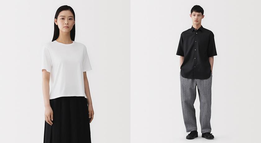 MUJI Labo女裝和歌山編織天竺圓領短袖T恤1,390元、男裝高島縮織舒適長褲1,990元。（MUJI提供，以下同）