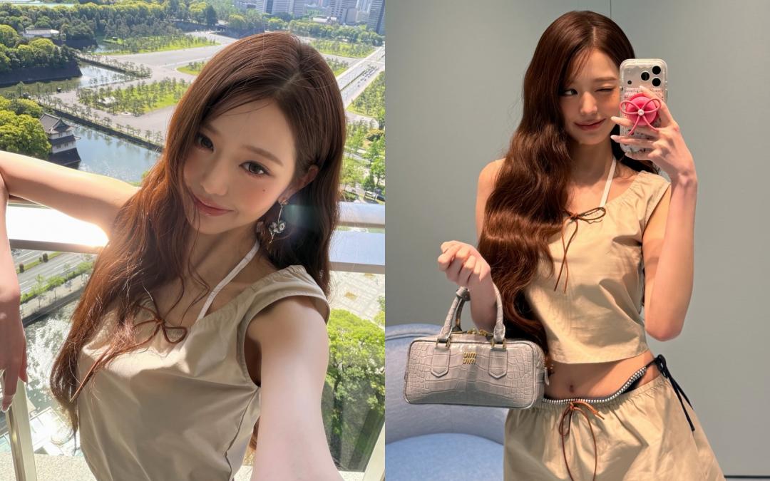 張員瑛5月中為了代言的MIU MIU,飛往海外出席活動,就是穿著短裙搭配比基尼小褲,若隱若現的腰頭造型,為甜美造型注入辣妹態度。