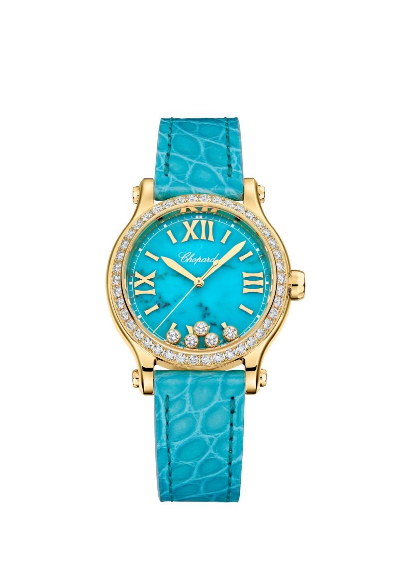 Happy Sport系列33毫米腕錶，搭載Chopard 09.01-C自動上鍊機芯，18K倫理道德黃金、天然綠松石面盤、鑽石總重1.49克拉，42小時動力儲存，限量25只，1,195,000元。（Chopard提供）