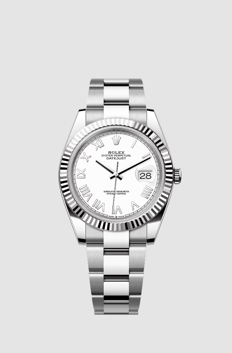 費德勒佩戴勞力士Datejust 41毫米白金腕錶，395,000元。(勞力士提供)