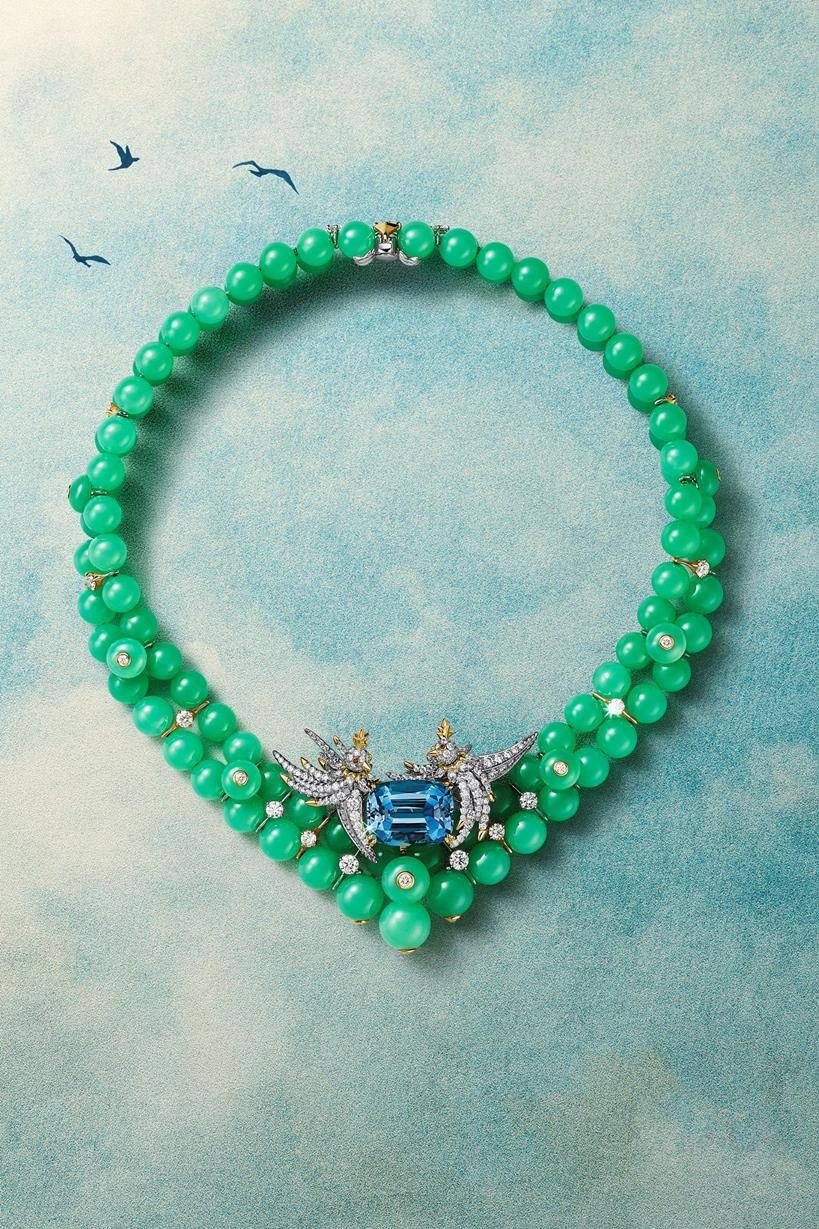 Tiffany & Co. 2026 Blue Book高級珠寶系列Bird on a Rock石上鳥篇章綠玉髓與海水藍寶項鍊。