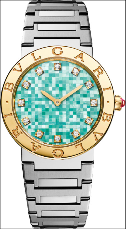 BVLGARI BVLGARI精鋼與黃金腕錶，搭載寶格麗自製石英機芯，精鋼、黃金，時、分顯示，綠色珍珠母貝馬賽克錶盤，錶徑33mm，防水深度30米。