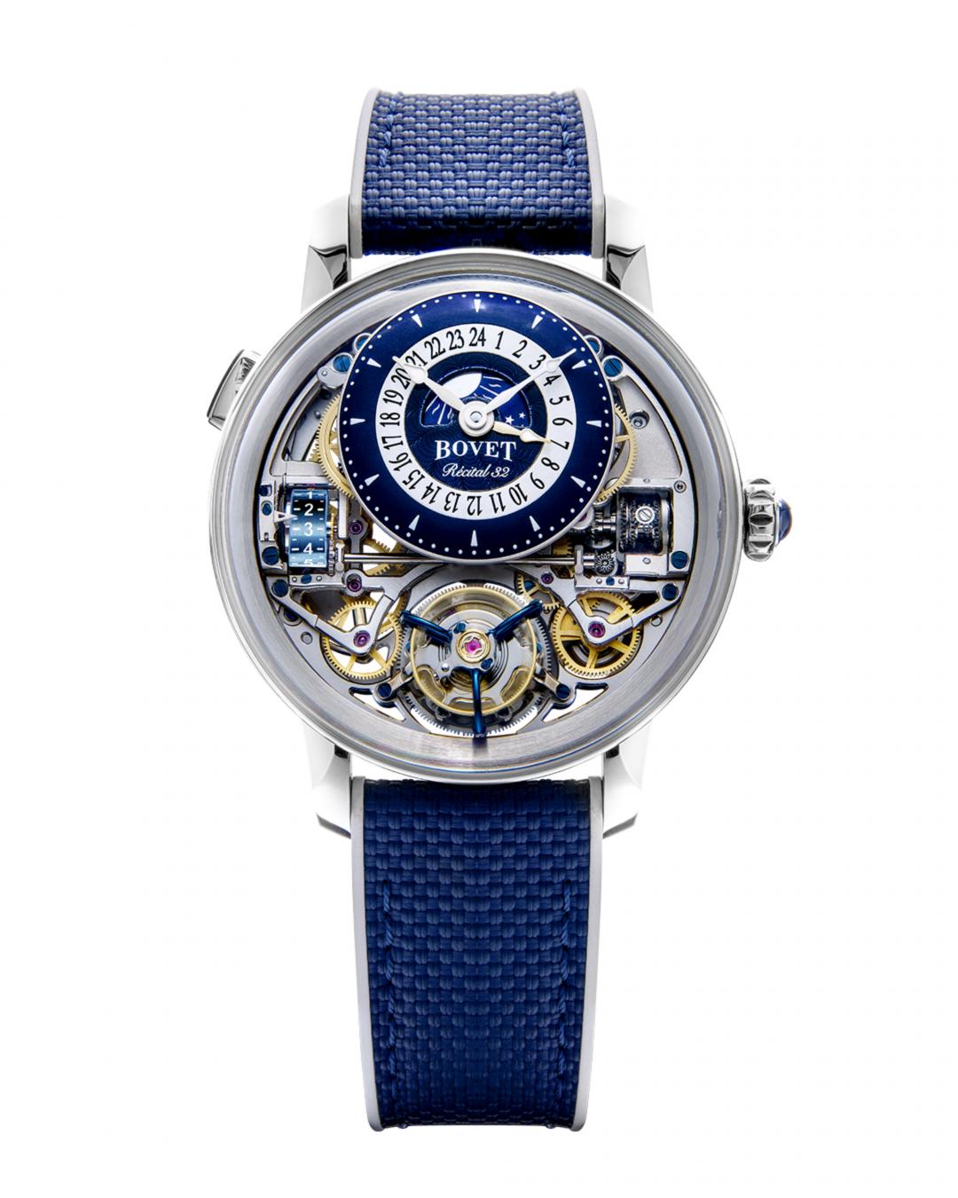 BOVET Récital 32兩地時間腕錶，搭載R32-70-00X手動上鍊自製機芯，375枚零件，5級鈦金屬錶殼，GMT兩地時間、放大飛行陀飛輪、晝夜顯示、動力儲存顯示，錶徑42mm，防水深度30米，每款配色全球限量60只。（SHH提供）