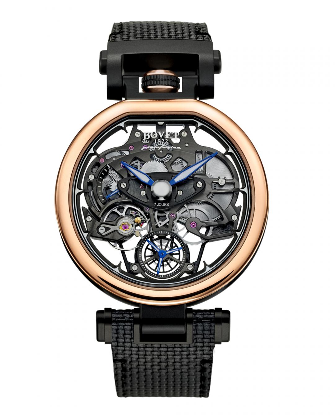 BOVET × Pininfarina Aperto 1雙色腕錶，搭載手動上鍊鏤空自製機芯，219枚零件，18K紅金錶圈搭配5級鈦金屬錶殼，時、分、秒顯示，錶徑42mm，防水深度30米。（SHH提供）