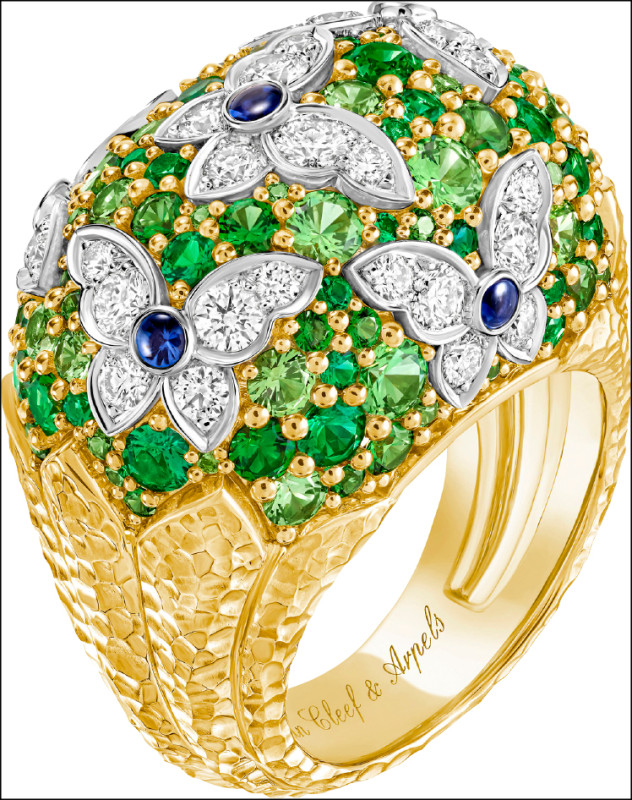 Van Cleef & Arpels Signature高級珠寶系列Bouquet de papillons戒指，18K黃金、18K白金鑲嵌祖母綠、藍寶石、沙弗萊石、鑽石，7,050,000元。
