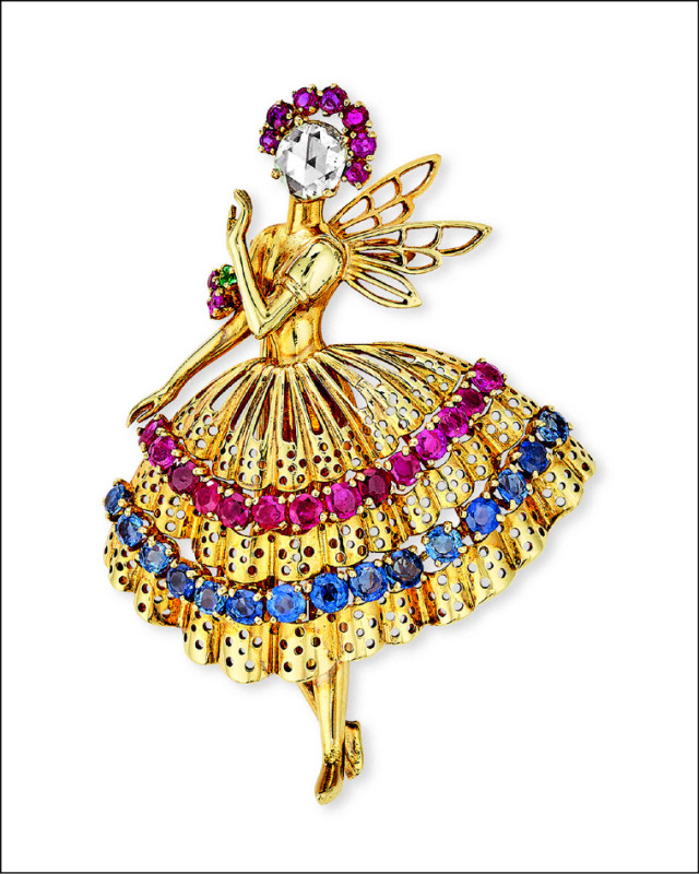 Van Cleef & Arpels Collection傳承典藏系列Dancer胸針（1947年），黃K金、鉑金鑲嵌祖母綠、紅寶石、藍寶石、鑽石。