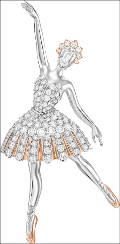 Van Cleef & Arpels Signature高級珠寶系列Arabesque ballerina胸針，舞者展現純熟而輕盈的身姿，舞裙綴以鑽石，光影流轉之間，生動呈現古典芭蕾細膩雋永的藝術之美，8,600,000元。