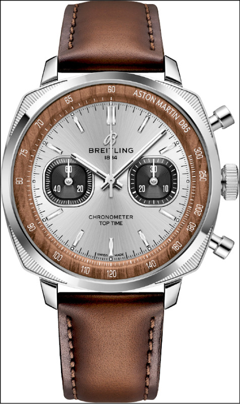 Breitling Top Time B01 Chronograph 41 Tribute Aston Martin DB5精鋼計時腕錶,銀色錶盤搭配木質紋理內圈,全球限量1,022只,每只342,000元。