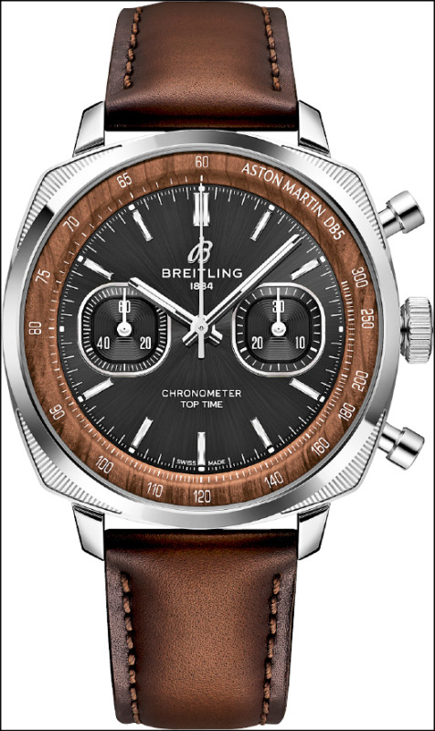 Breitling Top Time B01 Chronograph 41 Tribute Aston Martin DB5精鋼搭配鉑金錶圈計時腕錶,黑色漆面錶盤結合木質紋理內圈,全球限量315只,每只514,000元。