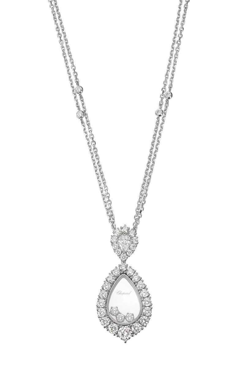 Happy Diamonds Joaillerie系列18K白金水滴造型項鍊，內含三顆滑動鑽石，1,069,000元。（Chopard提供）