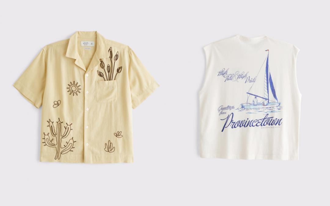 男裝（左起）度假風刺繡圖案短袖襯衫（NT$3,690）、P-Town 落肩圖案背心（NT$2,090）。
