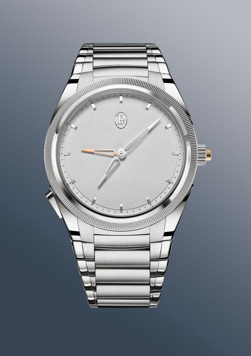 TONDA PF GMT Rattrapante Platinum追針兩地時間鉑金腕錶，950鉑金錶殼搭配天然鉑金色噴砂錶盤，搭載PF051自動上鍊機芯，全球限量30只，3,666,000元。（Parmigiani Fleurier提供）