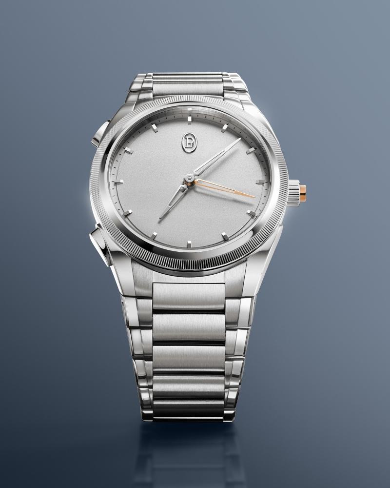 TONDA PF Minute Rattrapante Platinum追針分鐘鉑金腕錶，950鉑金錶殼搭配天然鉑金色噴砂錶盤，搭載PF052自動上鍊機芯，全球限量30只，3,423,000元。（Parmigiani Fleurier提供）