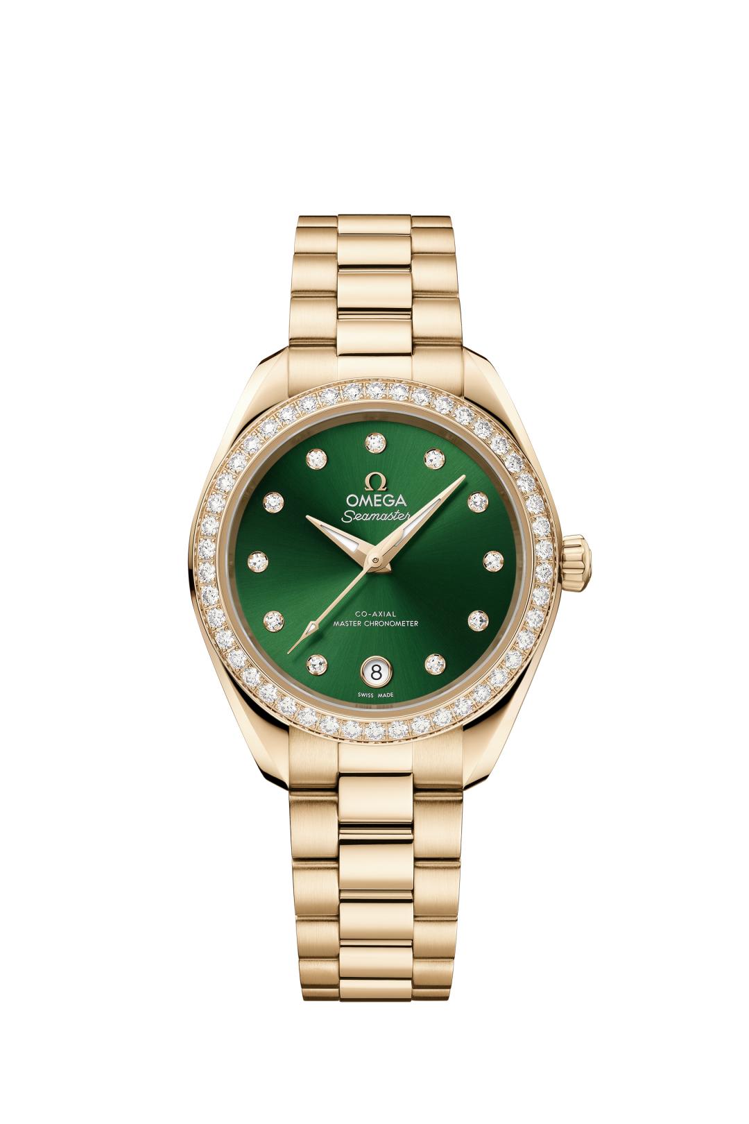 OMEGA Aqua Terra 30毫米腕錶，18K Moonshine金鑲嵌鑽石，1,363,000元。(OMEGA提供)