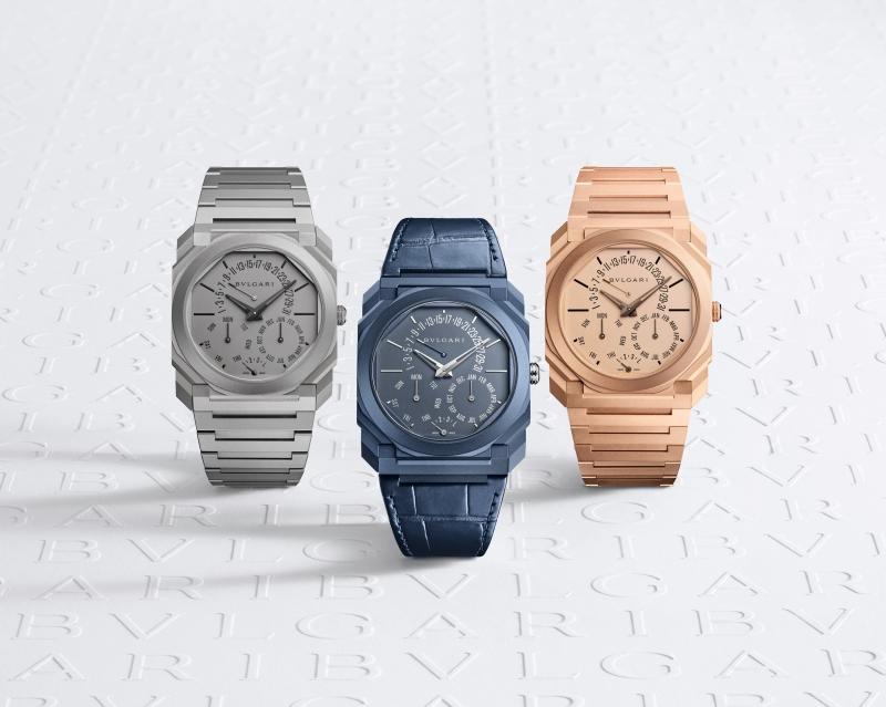 Octo Finissimo Perpetual Calendar系列歷經鈦金屬、玫瑰金到全新藍色鈦金屬版本，持續以不同材質演繹經典設計。（BVLGARI提供）