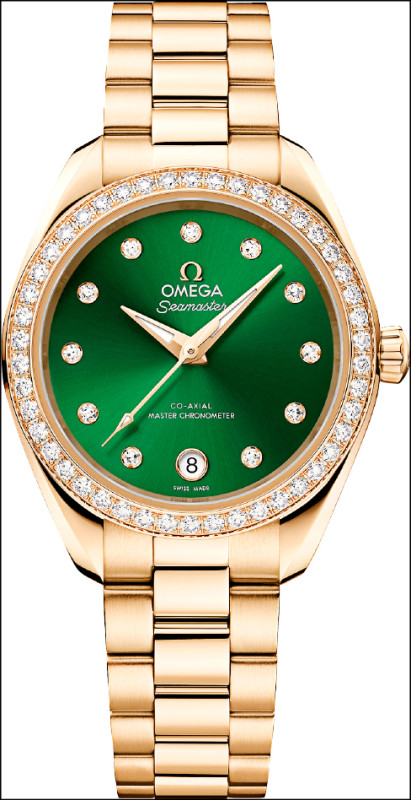 OMEGA海馬系列30毫米腕錶，搭載Co-Axial Master Chronometer自動上鍊機芯，18K Moonshine™金錶殼、鑲鑽錶圈，時間顯示，錶徑30mm，價格店洽。