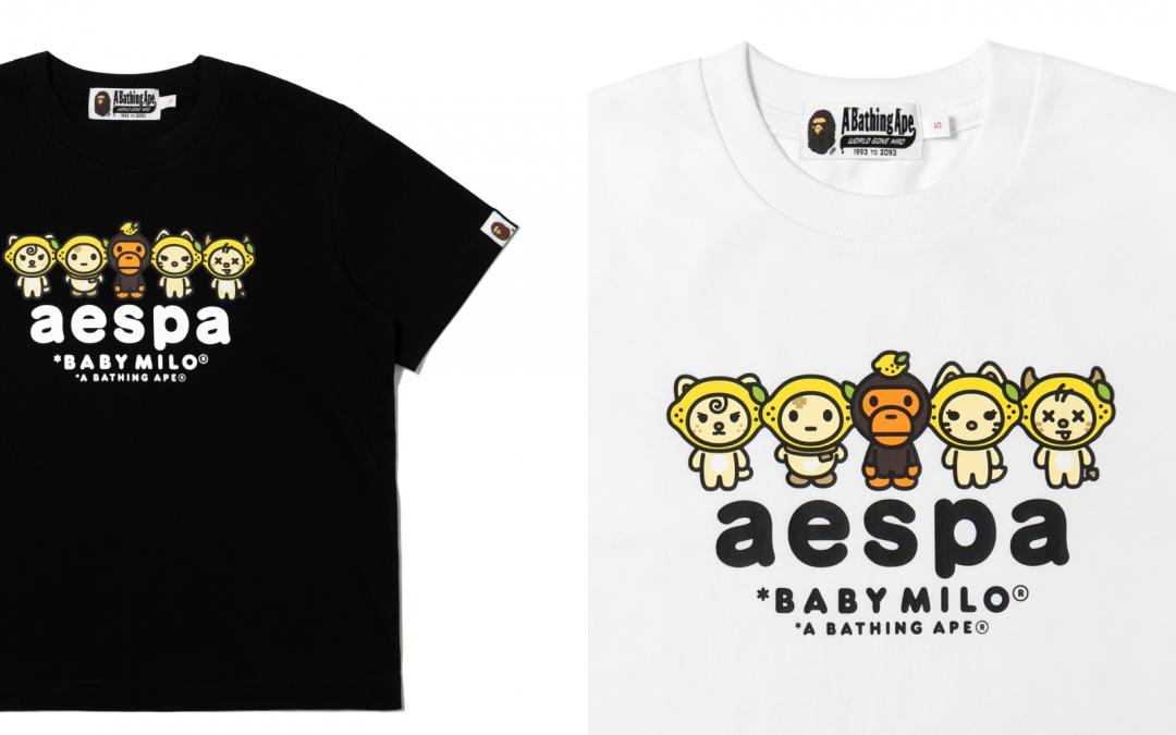 BAPE®Ｘaespa聯名系列LEMONADE RELAXED TEE，成員們變身「檸檬精」版本BABY MILO耍萌，售價NT$3,199元。