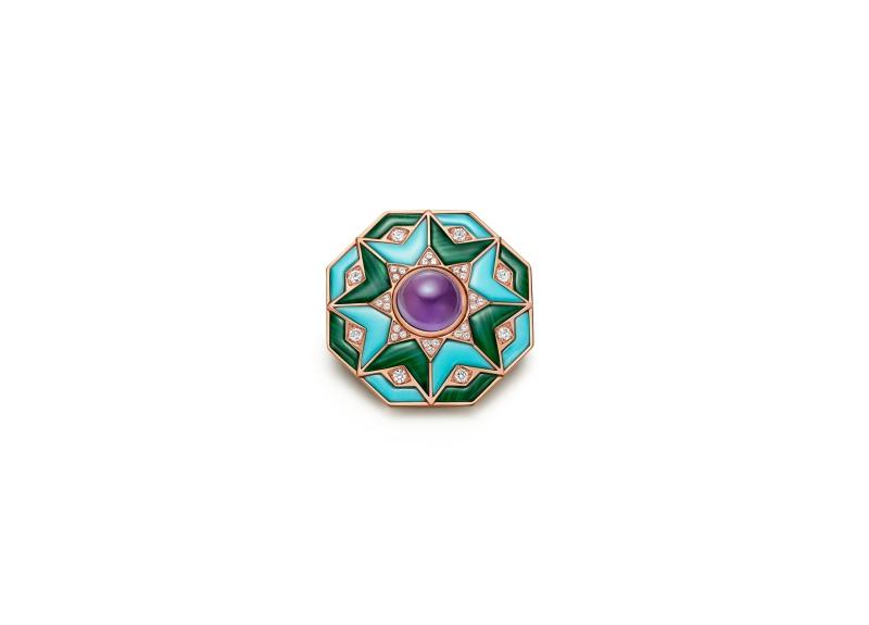 BVLGARI Eclettica系列 Cosmati Kaleidoscope 頂級玫瑰金彩寶與鑽石胸針。（BVLGARI提供）