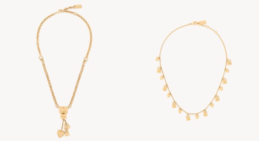 Chloé Mini Paddington（左起）復古金鎖頭長鍊（NT$19,600）、復古金鎖頭項鍊（NT$16,800）。