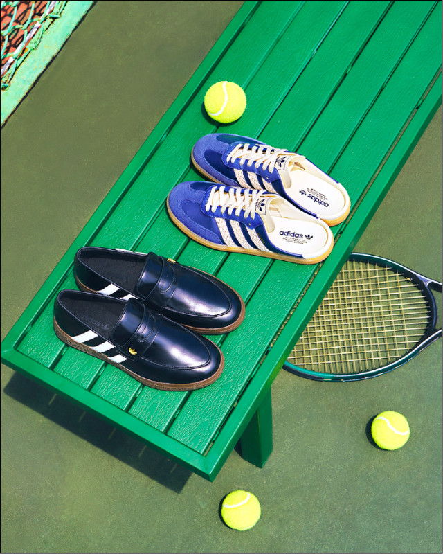 ACE BREEZE系列主推兩大鞋款，SAMBA OG穆勒鞋，3,290元（圖右上）；HANDBALL SPEZIAL樂福鞋，4,290元（圖左下）。