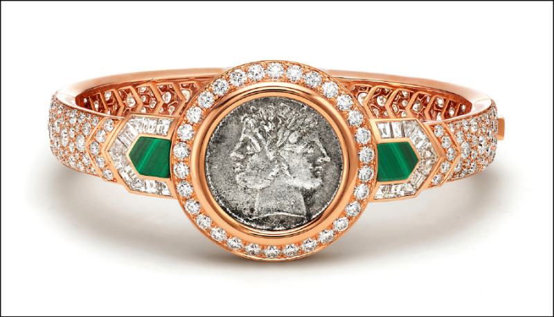 BVLGARI Monete頂級玫瑰金孔雀石與鑽石古幣手環。