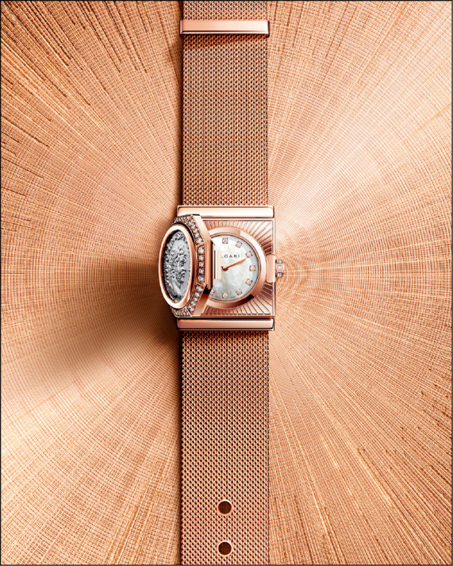 BVLGARI Maglia Milanese Monete頂級玫瑰金古幣鑲鑽神祕腕錶，搭載Piccolissimo BVP 100微型手動上鍊機芯，時間顯示。
