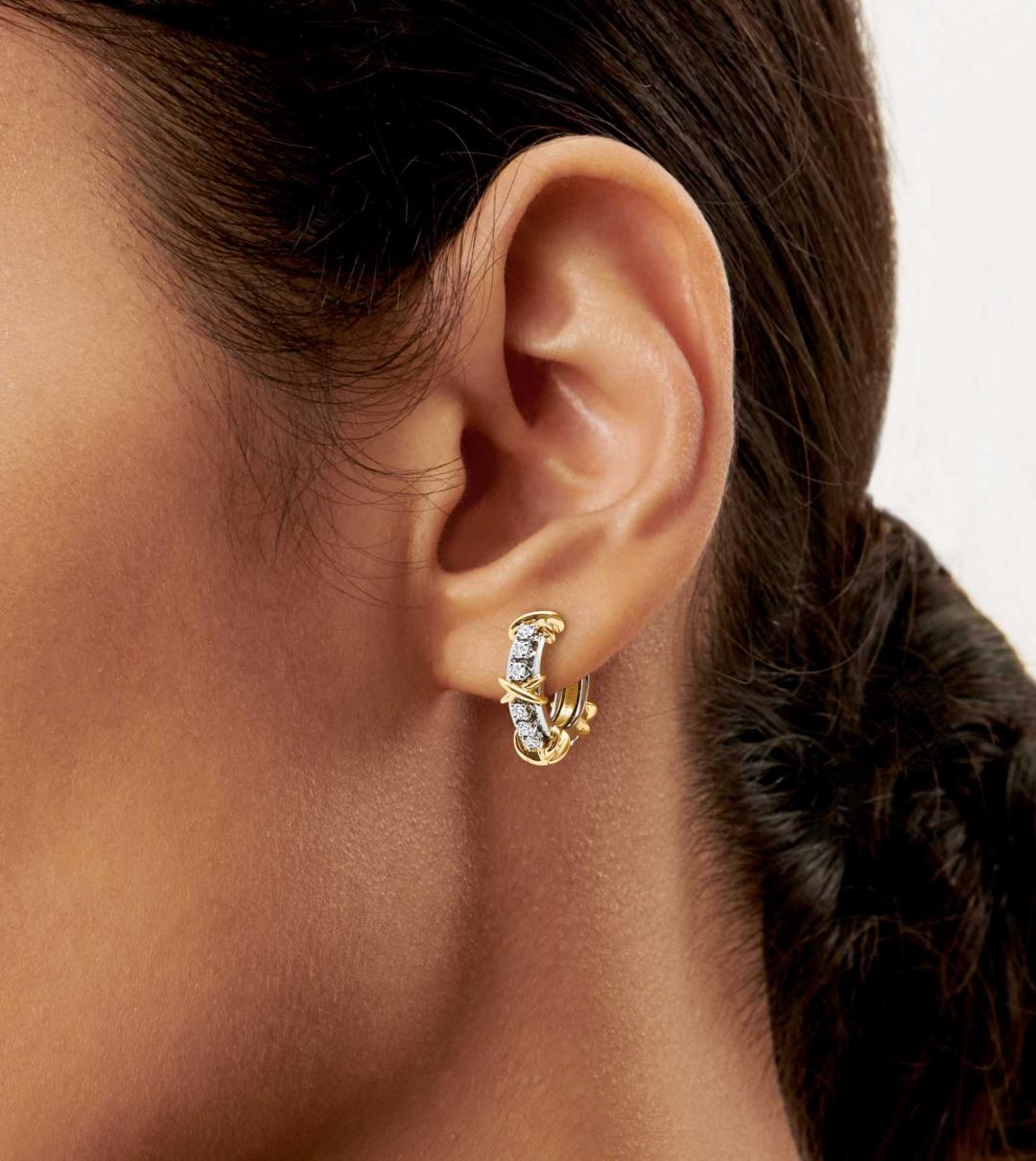 Tiffany Sixteen Stone窄版耳環，鉑金、黃K金、鑽石，約446,000元。