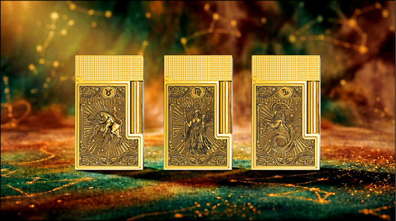 S.T.Dupont Zodiac Artisan十二星座土象星座打火機，圖左至右依序為金牛座、處女座及摩羯座，每件218,000元。
