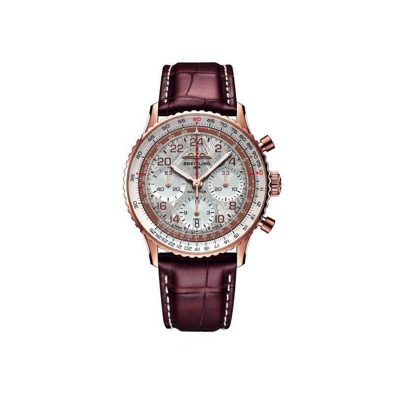 BREITLING Navitimer B02 Chronograph 41 Cosmonaute STARLUX Airline Edition聯名腕錶，搭載B02型自製手動上鍊計時機芯，18K紅金、天然隕石面盤，24小時制時間、日期及計時顯示，錶徑41mm，防水深度30米，895,000元，台灣限量62只。（BREITLING提供）