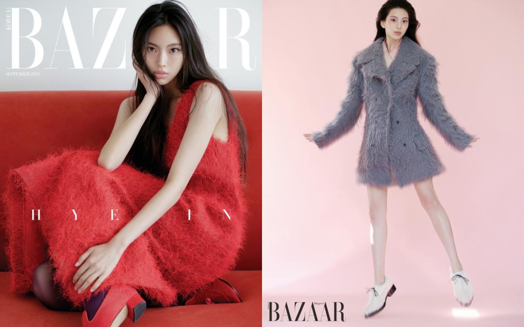 Hyein以紅色毛毛洋裝展現強大氣場，另一套灰色毛毛大衣造型則以「下衣失蹤」打扮露出修長美腿。