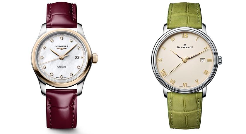 （左）浪琴MASTER COLLECTION巨擘系列鑲嵌點鑽時標18K玫瑰金女士腕錶、（右）Blancpain Villeret Ultraplate超薄腕錶38毫米，皆為台北101獨家。