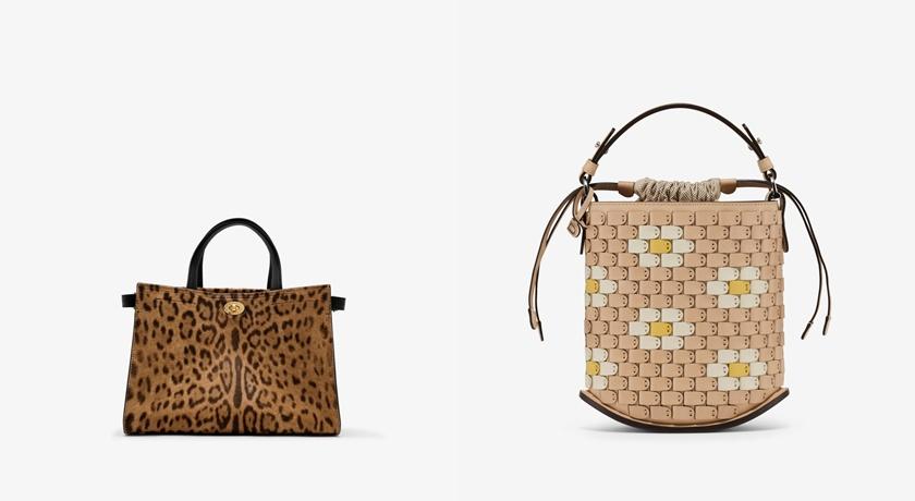 （左）Burberry小型豹紋印花Cotswolds托特包、（右）DELVAUX Pin Mini Bucket Arsenal Flora水桶包，皆為台北101獨家。