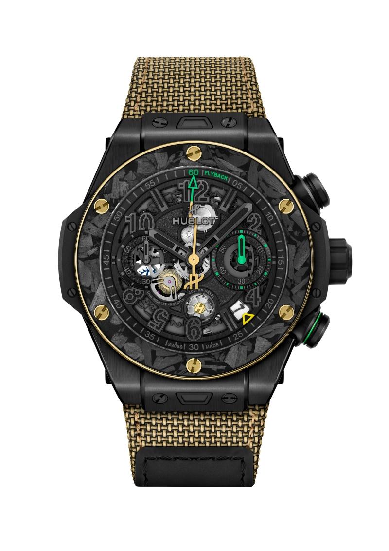 HUBLOT Big Bang Reloaded Usain Bolt限量計時碼錶，黑色陶瓷、18K黃金與碳纖維，搭載HUB1280 UNICO自動上鍊飛返計時機芯，888,000元，全球限量200只。（HUBLOT提供）