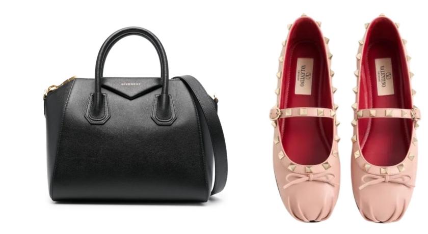 （左起）GIVENCHY黑色皮革肩背包（NT$75,500）、VALENTINO平底鞋（NT$33,800）。