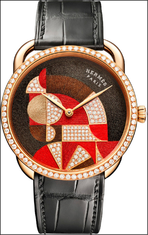 Hermès Arceau Cheval Natté腕錶，搭載愛馬仕自製H1912自動上鍊機芯，18K玫瑰金錶殼、鑽石、蠶絲線鑲嵌錶盤，錶徑38mm，防水深度30米，限量24只。