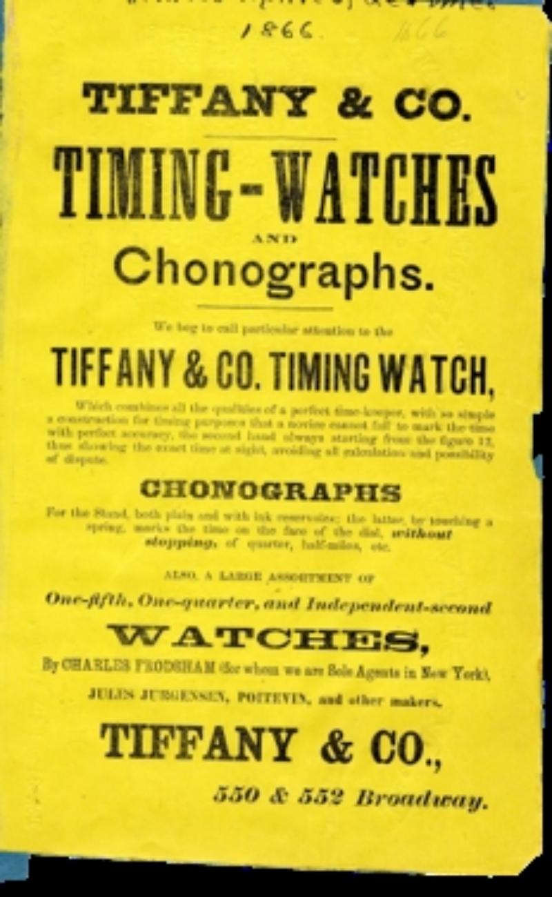 1866年Tiffany & Co.計時腕錶廣告，記錄品牌早期Timing Watch與計時功能發展歷史。（Tiffany & Co.提供）