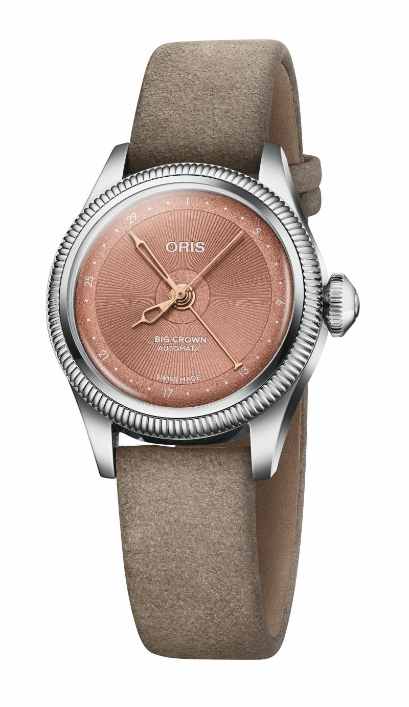 Oris Big Crown指針式日曆腕錶，29mm不鏽鋼錶殼、玫瑰金色面盤，搭載Oris 534自動上鍊機芯，皮革錶帶，75,000元。（Oris提供）